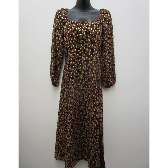 LOFT Dresses & Skirts - EUC Loft Black/Pink/Gold Multi Square Neckline Pouf Sleeve Midi Dress Women 4